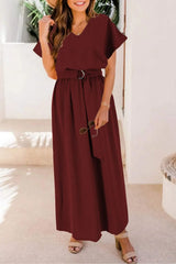 Ruched V-Neck Cap Sleeve Dress Wine Casual Dresses - Tophatter Daily Deals