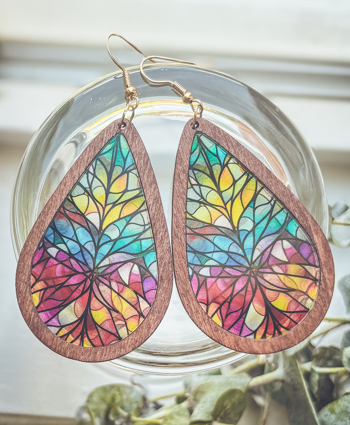Beautiful Wood and Stained Glass Effect Earrings Earrings - Tophatter Daily Deals