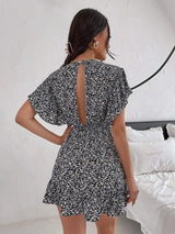 Cutout Ditsy Floral Surplice Flounce Sleeve Dress Casual Dresses - Tophatter Daily Deals