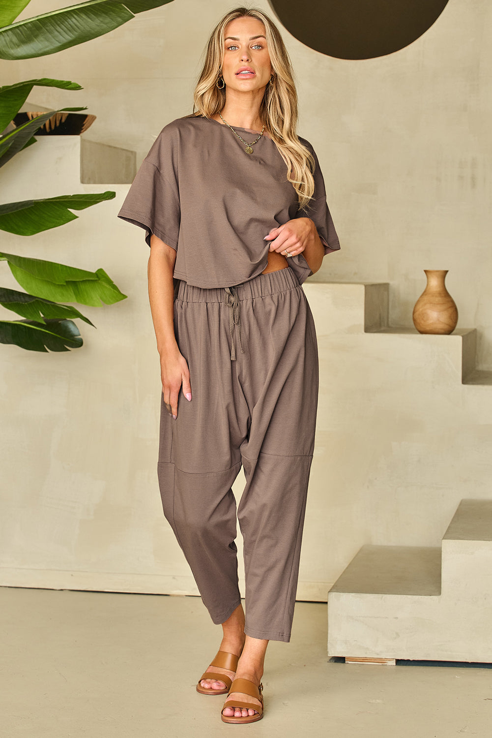 Simply Taupe High Low Boxy Fit Tee and Crop Pants Set Simply Taupe 95%Cotton+5%Elastane Loungewear & Sleepwear/Loungewear - Tophatter Daily Deals