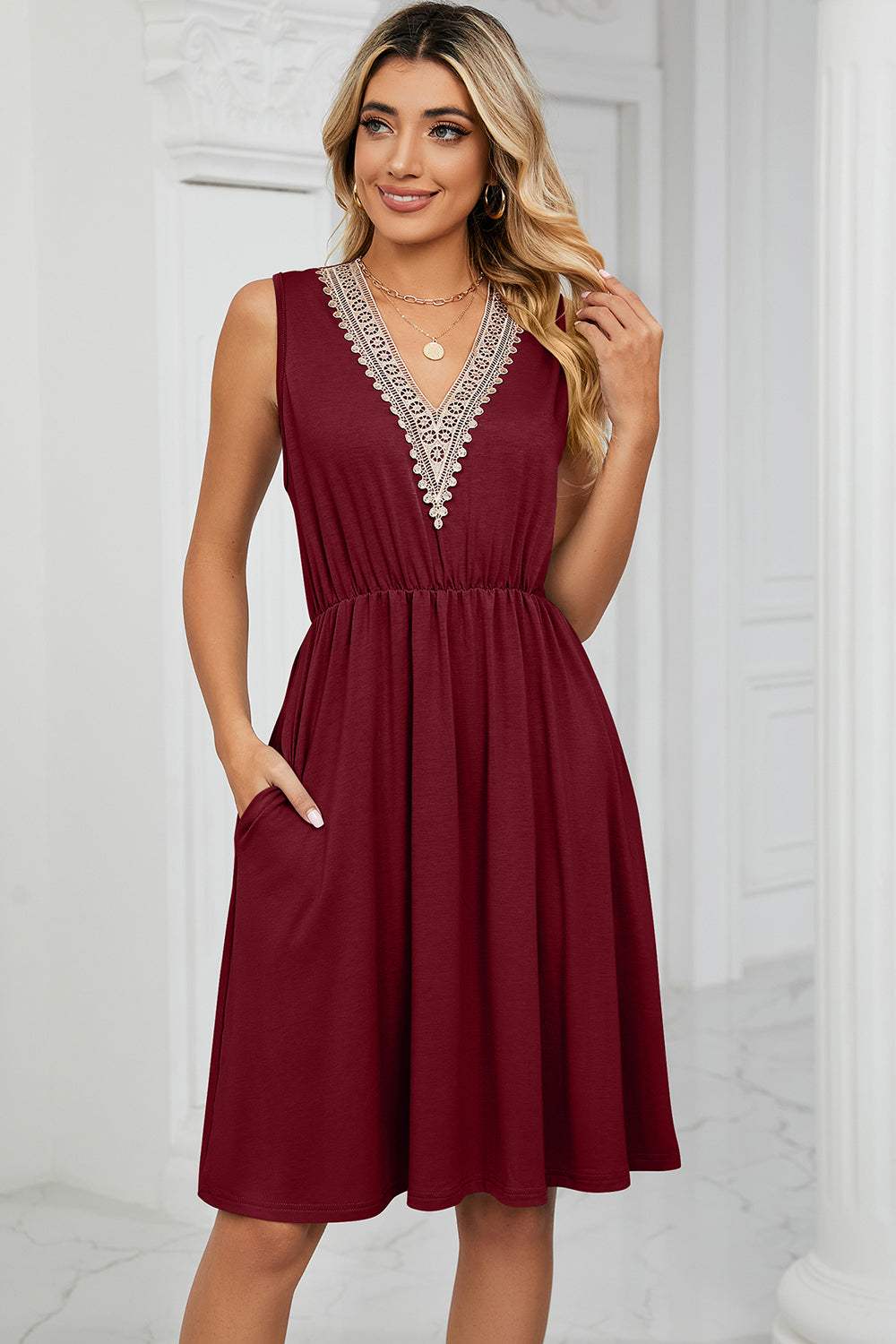 Pocketed V-Neck Wide Strap Dress Wine Casual Dresses - Tophatter Daily Deals