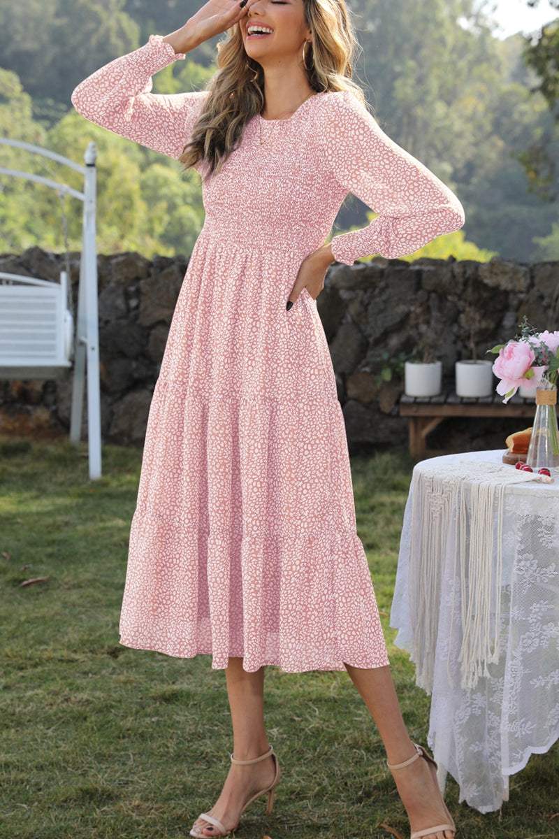 Round Neck Lantern Sleeve Midi Dress Peach Casual Dresses - Tophatter Daily Deals