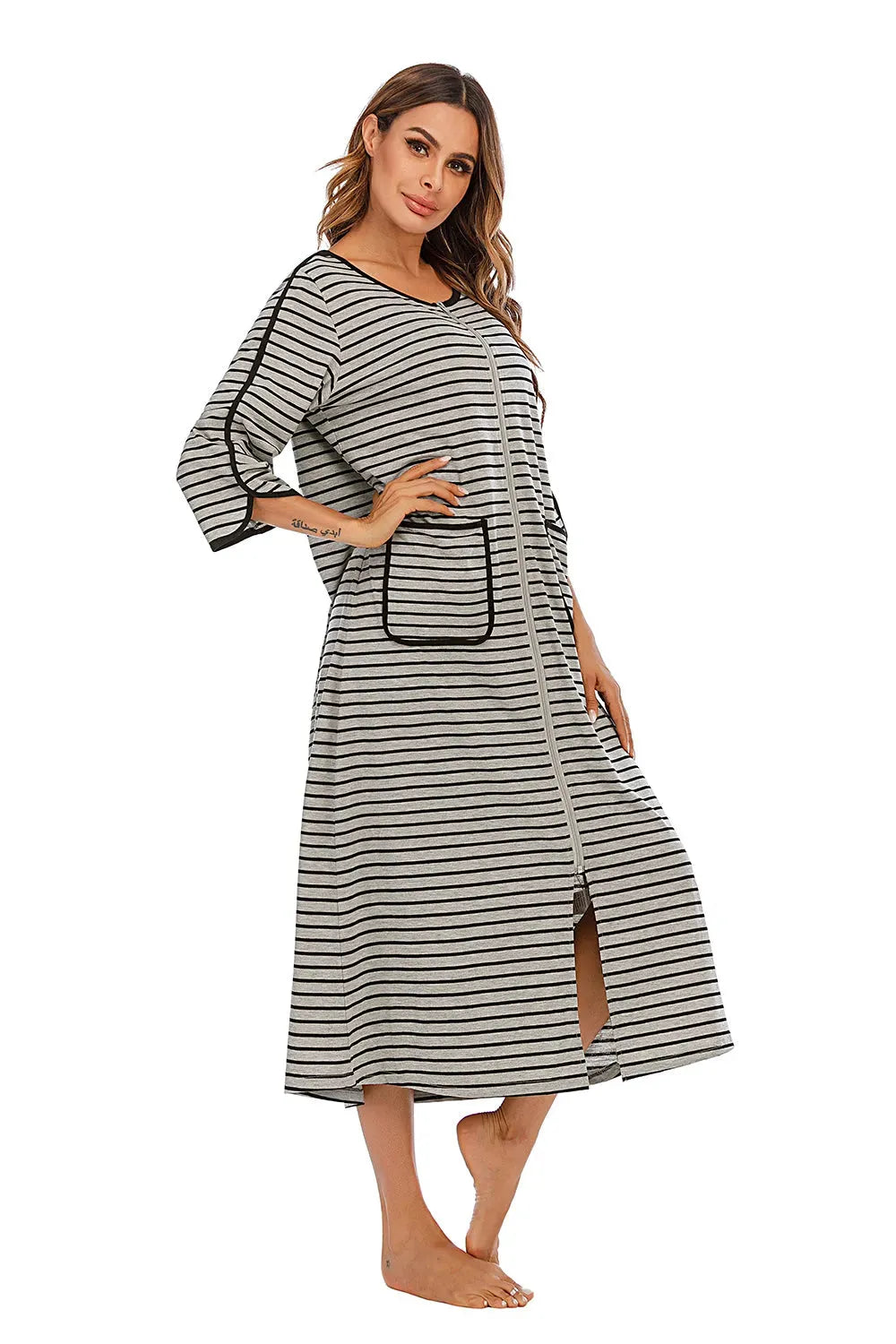 Round Neck Three-Quarter Sleeve Midi Night Dress Sleep Dresses - Tophatter Daily Deals
