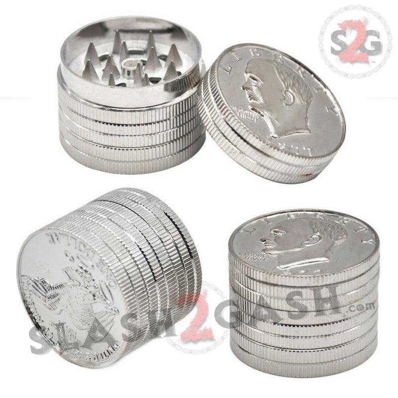 Silver Dollar Coin Grinder Metal Tobacco Herb Crusher - 3 pieces Smoking Accessories - Tophatter Daily Deals