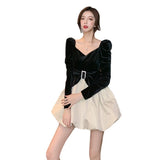 Back Puff Sleeve Stitching Gold Velvet Dress 0 - Tophatter Daily Deals