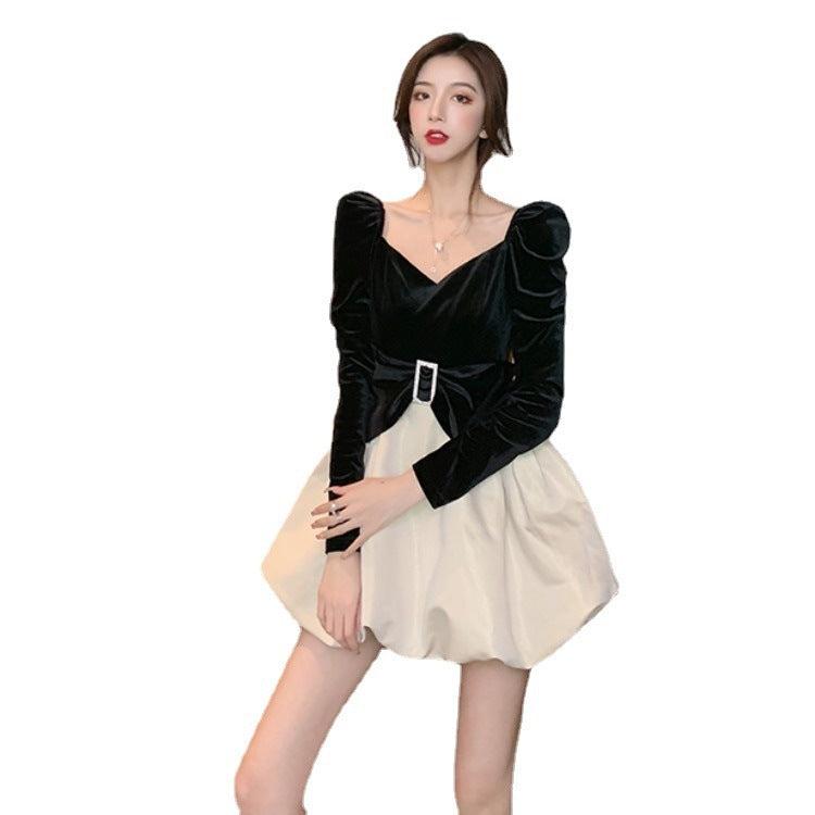 Back Puff Sleeve Stitching Gold Velvet Dress 0 - Tophatter Daily Deals