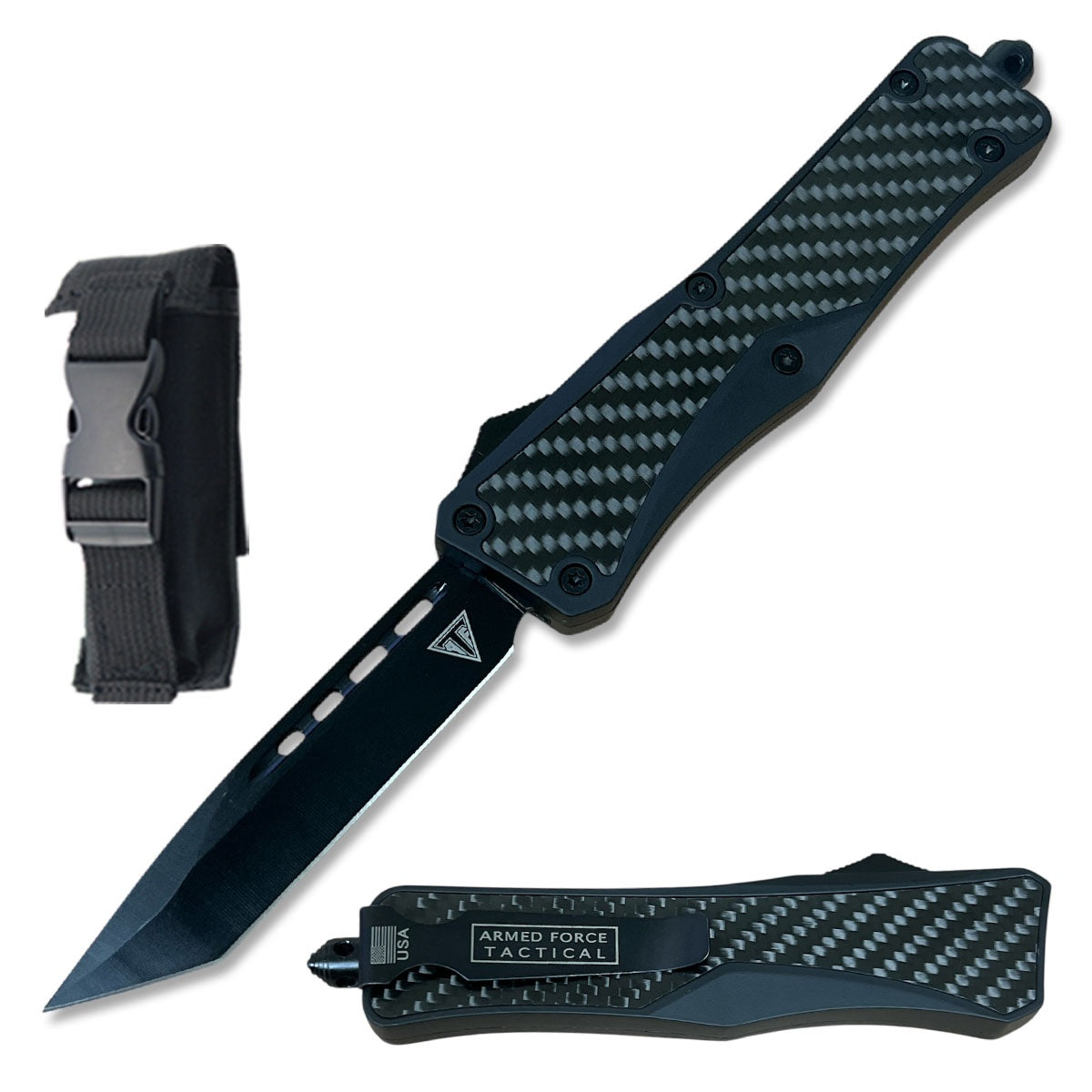 9.75" Black Carbon Fiber Automatic OTF Out the Front Knife - TOPHATTER'S ARMORY DEALS Collectible Weapons - Tophatter Daily Deals