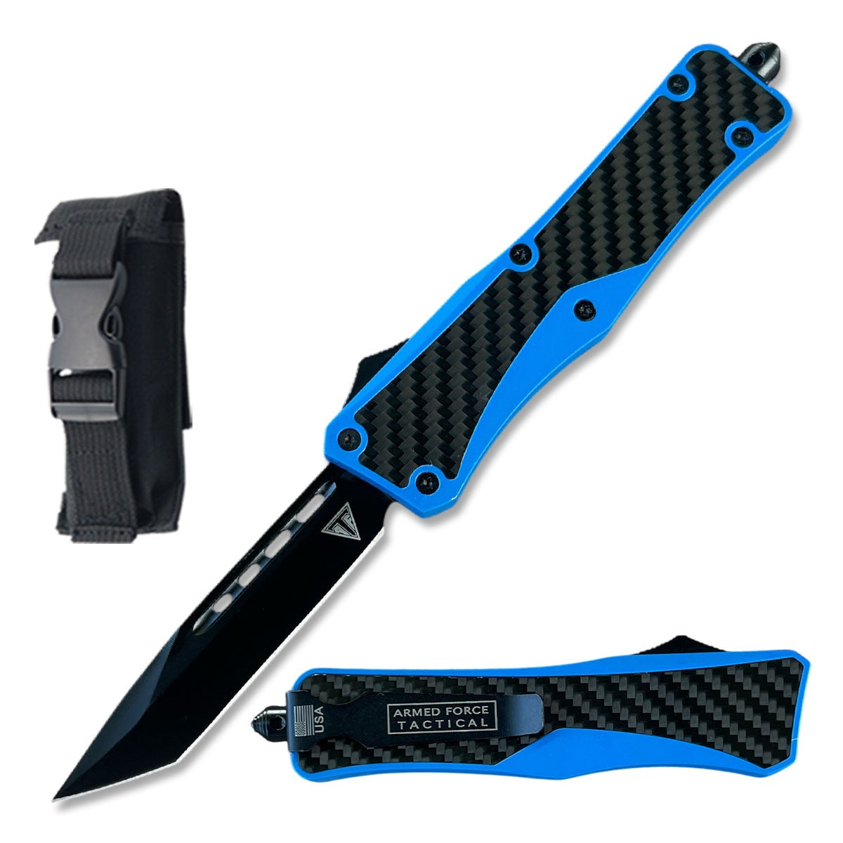 9.75" Blue Carbon Fiber Automatic OTF Out the Front Knife - TOPHATTER'S ARMORY DEALS Collectible Weapons - Tophatter Daily Deals