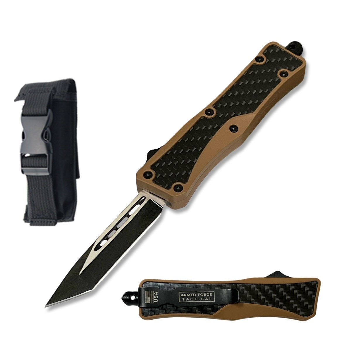 6.75" Desert Tan Carbon Fiber Automatic OTF Out the Front Knife - TOPHATTER'S ARMORY DEALS Collectible Weapons - Tophatter Daily Deals
