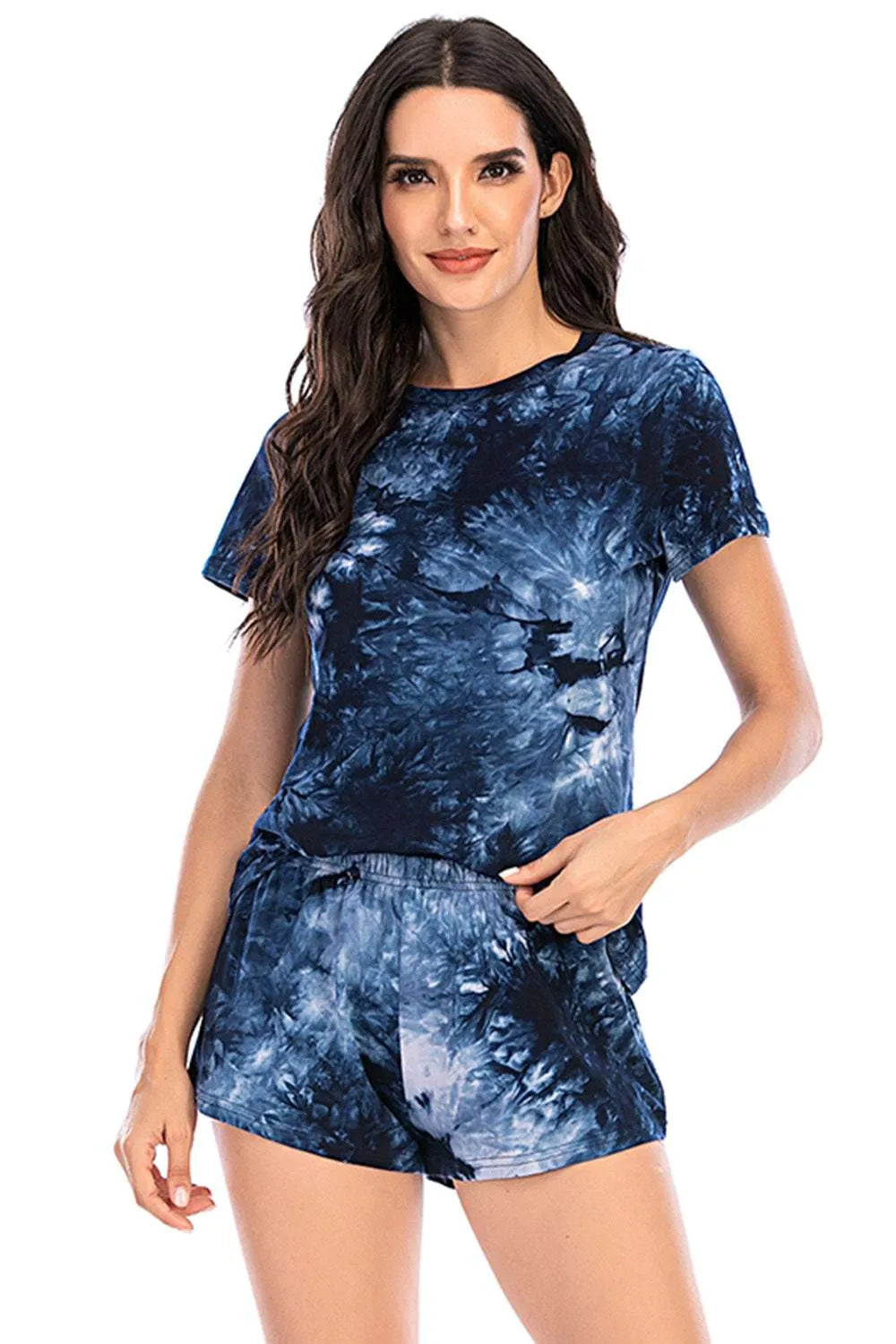 Tie-Dye Round Neck Short Sleeve Top and Shorts Lounge Set Loungewear Sets - Tophatter Daily Deals