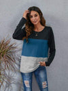 Color Block Round Neck Long Sleeve T-Shirt Peacock Blue Women's T-Shirts - Tophatter Daily Deals