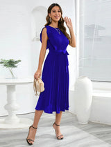 Tied Round Neck Pleated Midi Dress Casual Dresses - Tophatter Daily Deals