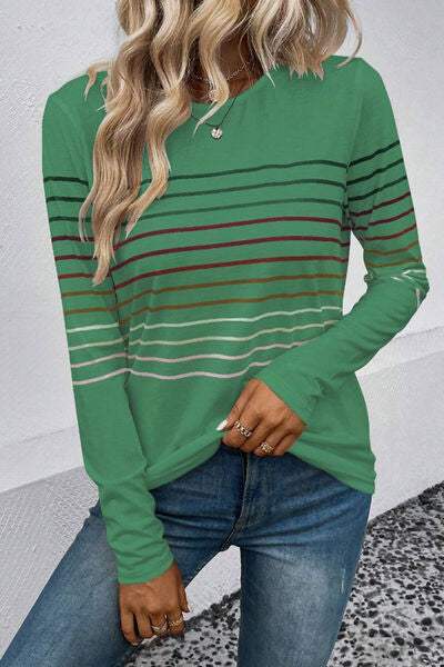 Striped Round Neck Long Sleeve T-Shirt Gum Leaf Women's T-Shirts - Tophatter Daily Deals