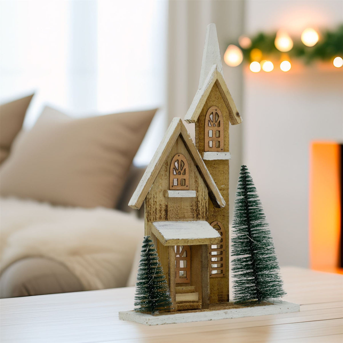 LED Wooden Christmas Church with Trees | Light-Up Nordic Chapel Ornament LED Light - Tophatter Daily Deals