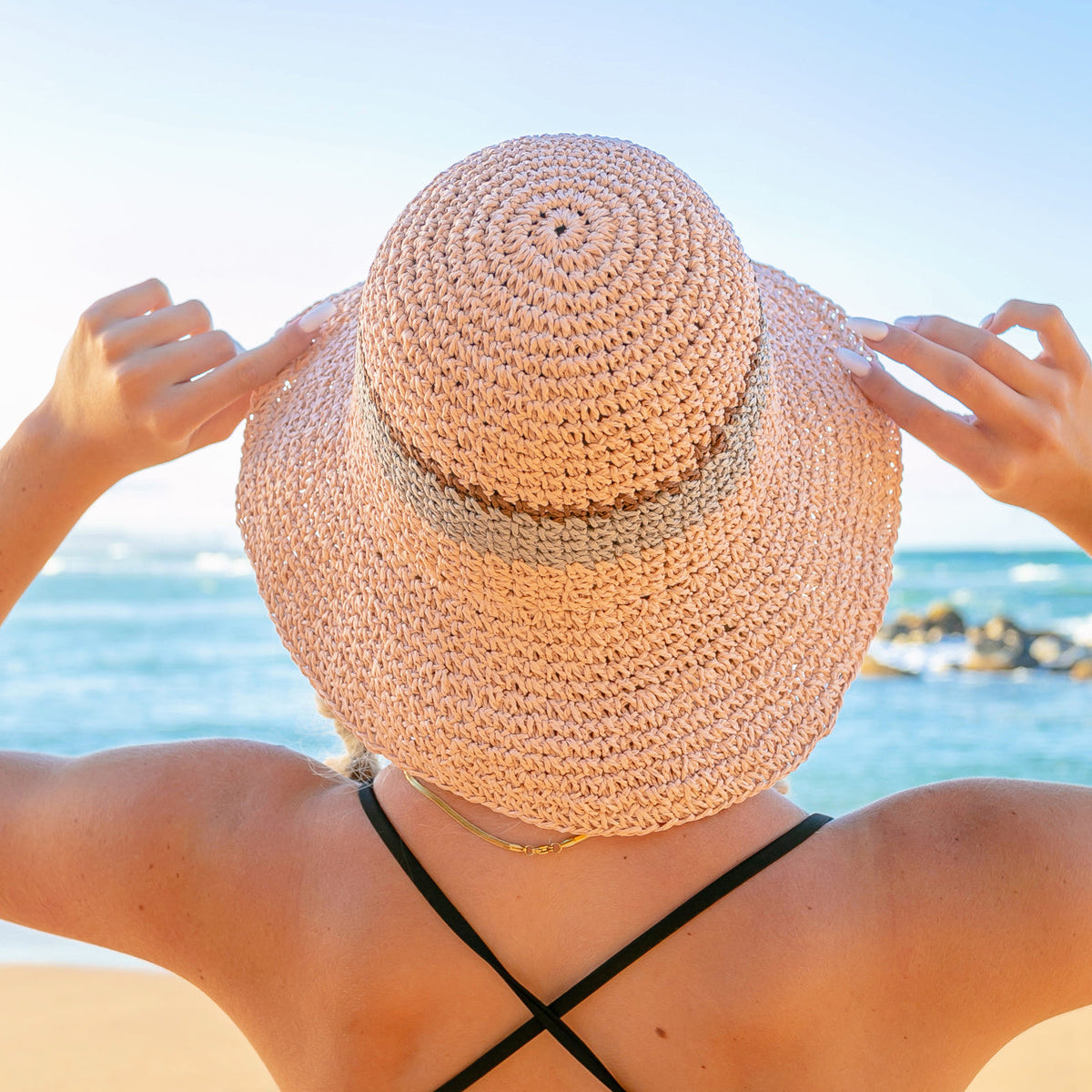 Stripe Accent Straw Hat Blush Hats - Tophatter Daily Deals