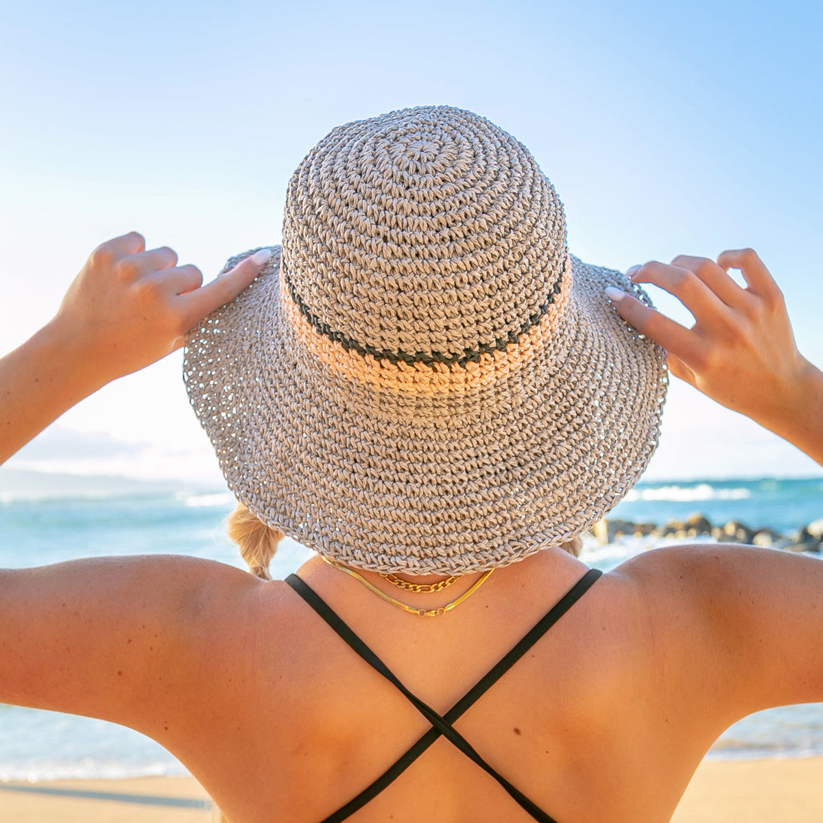 Stripe Accent Straw Hat Gray Hats - Tophatter Daily Deals