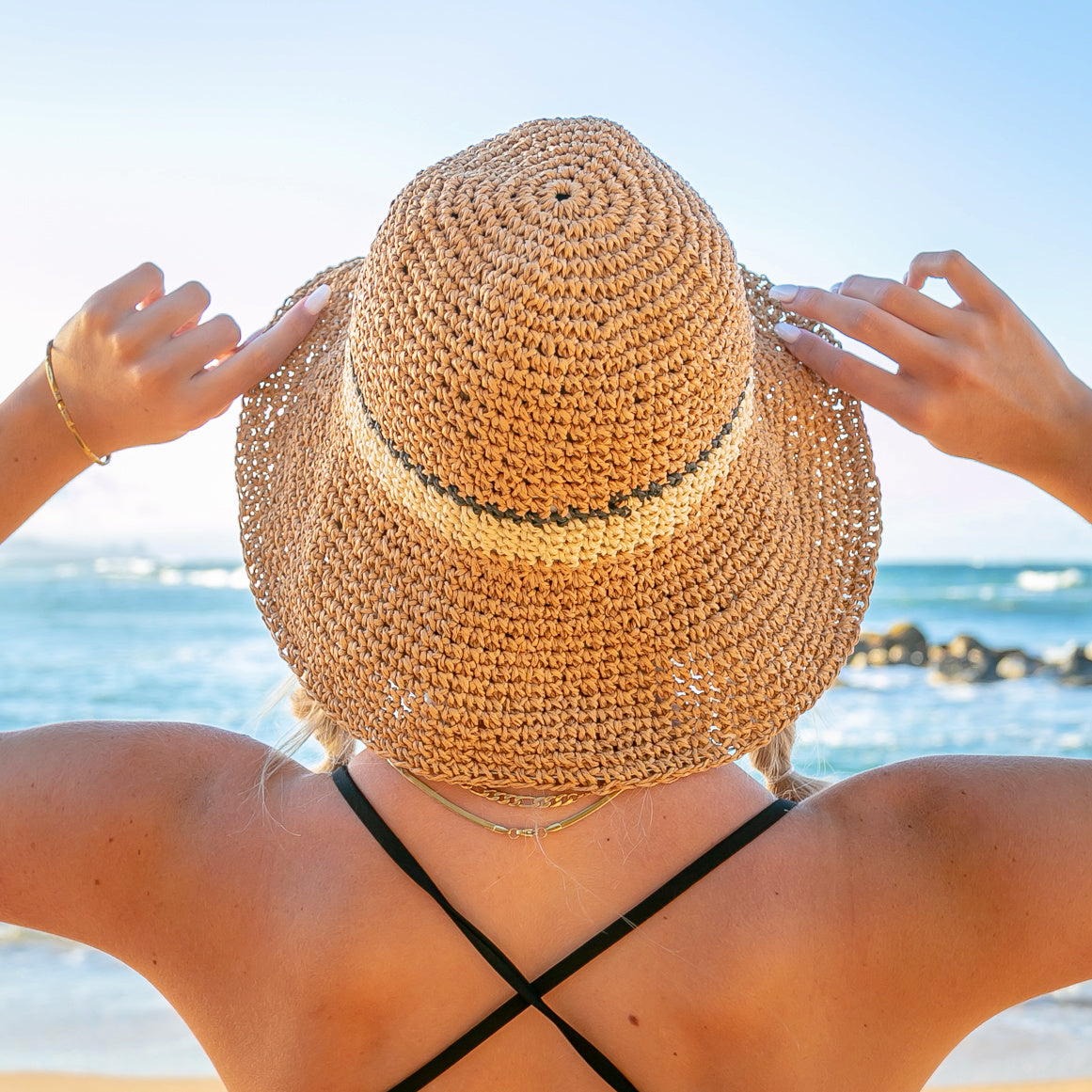 Stripe Accent Straw Hat Khaki Hats - Tophatter Daily Deals