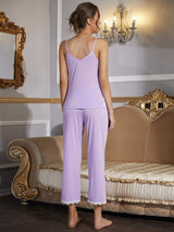 V-Neck Lace Trim Slit Cami and Pants Pajama Set Loungewear Sets - Tophatter Daily Deals