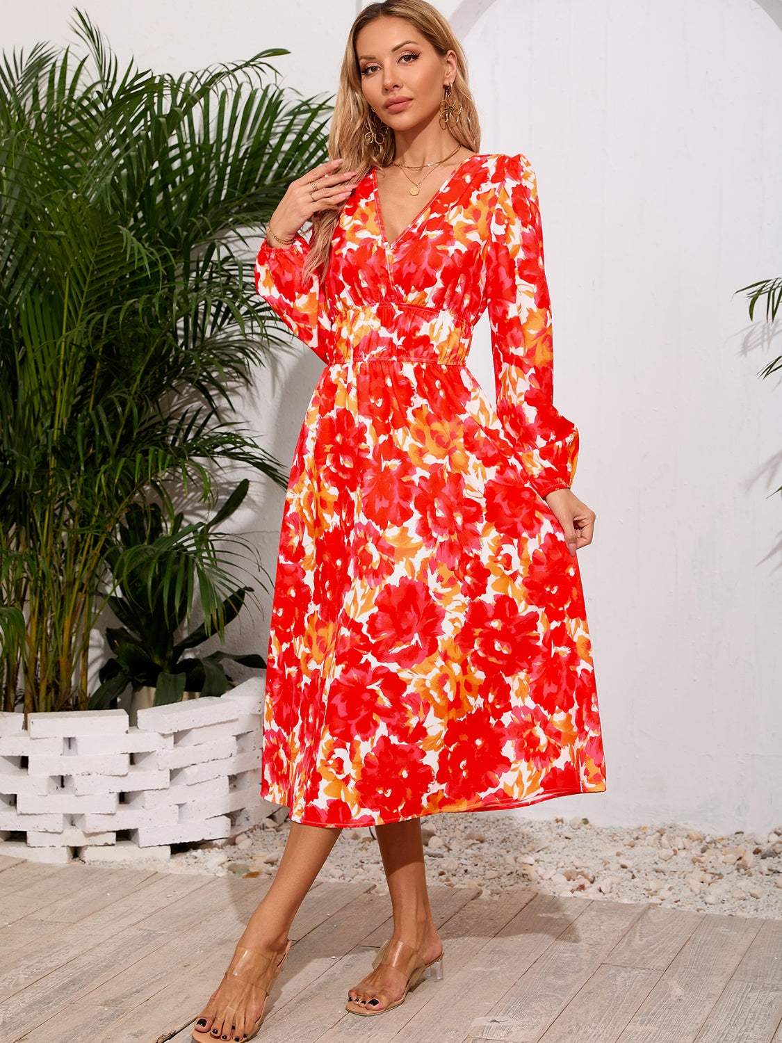 Printed Surplice Long Sleeve Midi Dress Casual Dresses - Tophatter Daily Deals