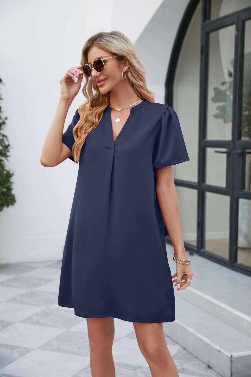 Notched Puff Sleeve Shift Dress Casual Dresses - Tophatter Daily Deals