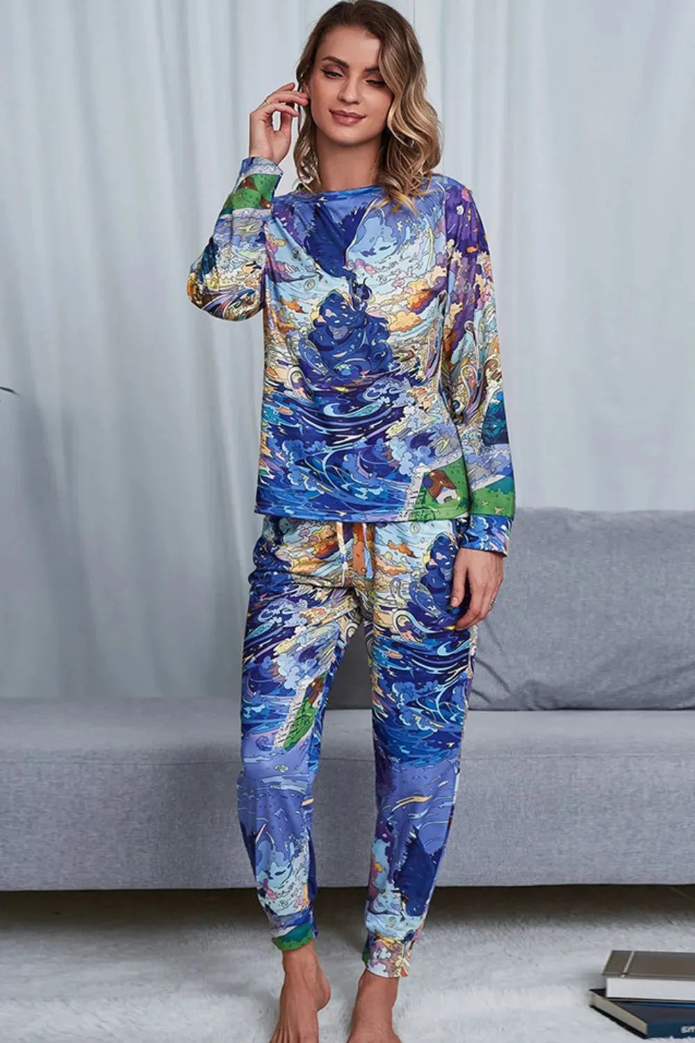 Tie-Dye Crewneck Top and Drawstring Waist Joggers Lounge Set Blue Loungewear Sets - Tophatter Daily Deals