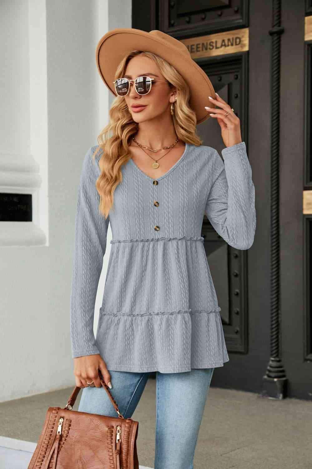 Long Sleeve V-Neck Cable-Knit Blouse Misty Blue Blouses - Tophatter Daily Deals