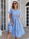 Plaid V-Neck Short Sleeve Midi Dress Blue Casual Dresses - Tophatter Daily Deals