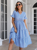 Plaid V-Neck Short Sleeve Midi Dress Blue Casual Dresses - Tophatter Daily Deals