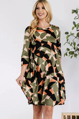 Celeste Full Size Geometric Round Neck Dress with Pockets Casual Dresses - Tophatter Daily Deals