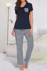 Pocketed Short Sleeve Top and Striped Pants Lounge Set Dark Blue Loungewear Sets - Tophatter Daily Deals