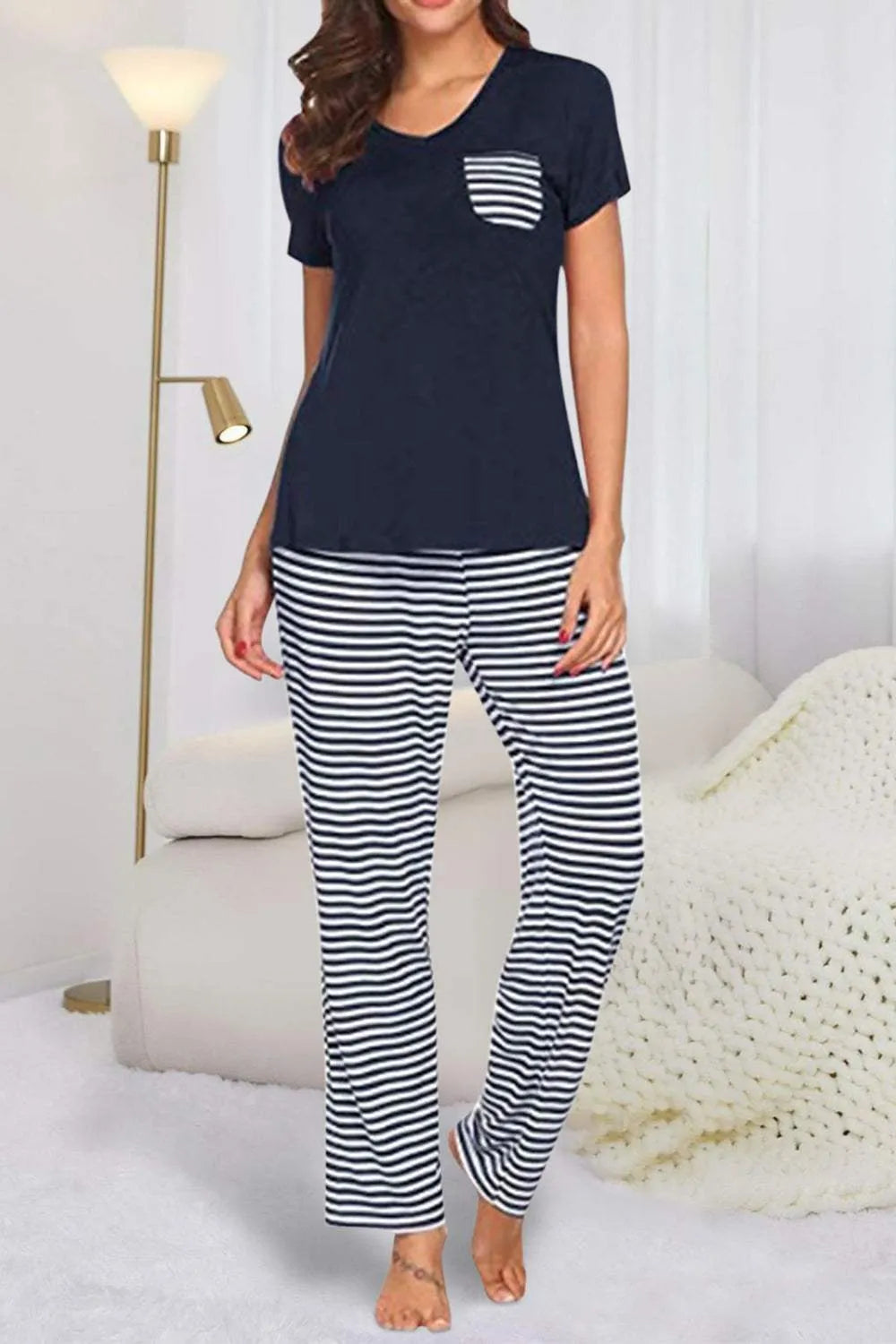 Pocketed Short Sleeve Top and Striped Pants Lounge Set Dark Blue Loungewear Sets - Tophatter Daily Deals