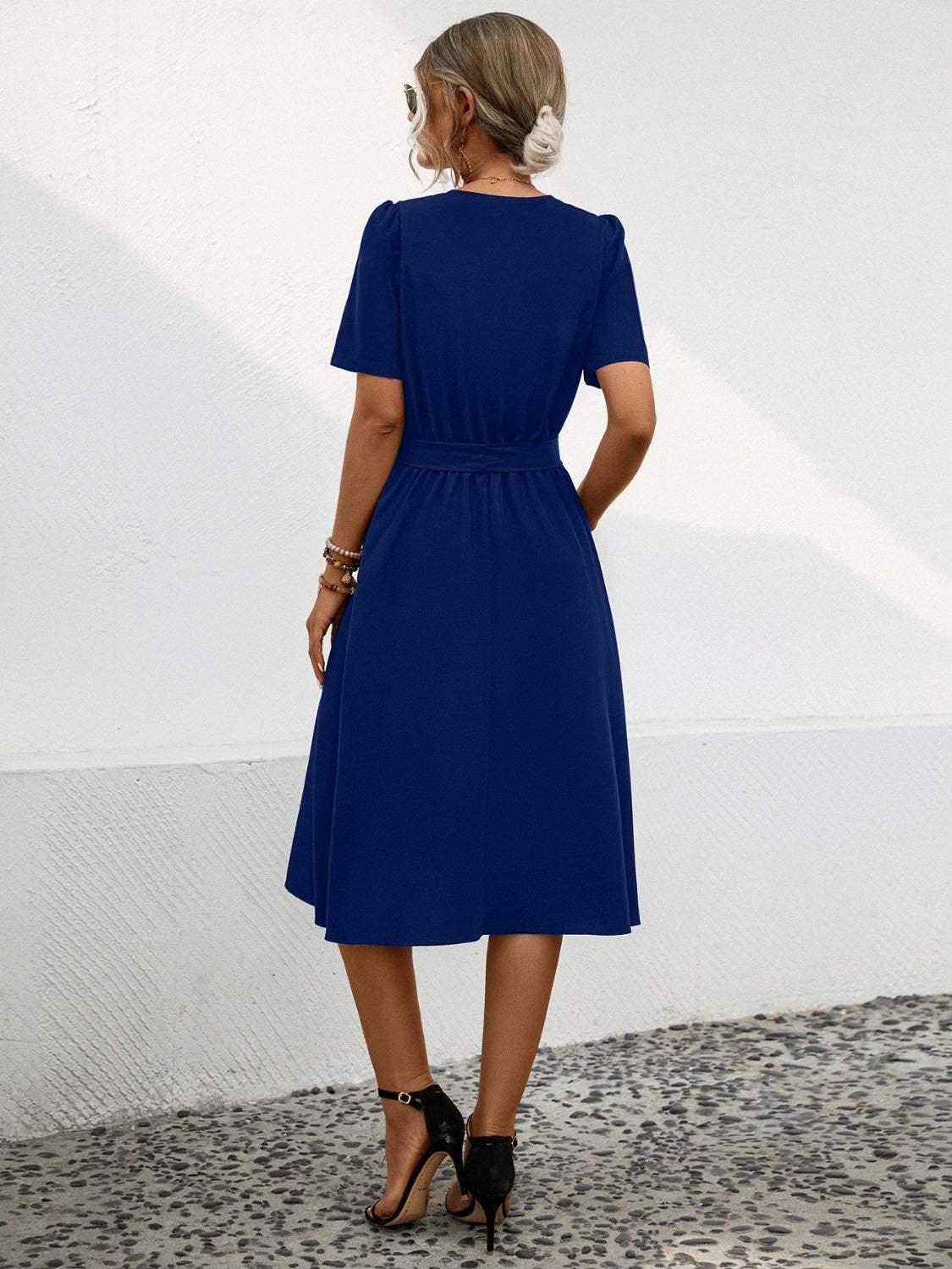 Tied Notched Short Sleeve Dress Casual Dresses - Tophatter Daily Deals