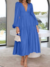 Deep V-Neck Balloon Sleeve Plain Maxi Dress Cobalt Blue Casual Dresses - Tophatter Daily Deals