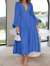 Deep V-Neck Balloon Sleeve Plain Maxi Dress Cobalt Blue Casual Dresses - Tophatter Daily Deals