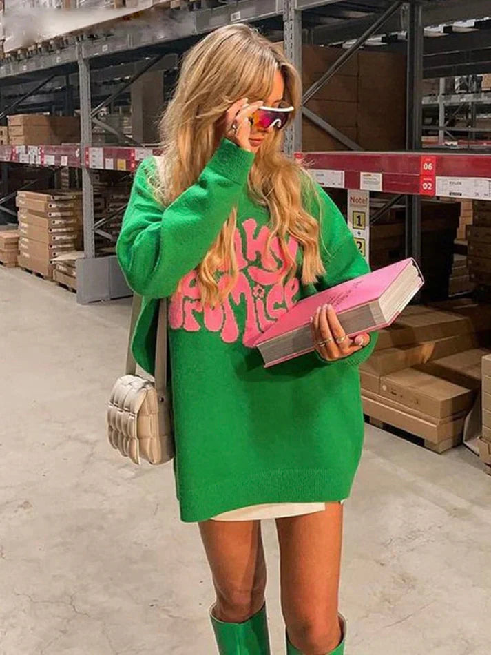 Oversized Women’s Pullover - Graphic Sleeve, Knit, Everyday Green - Tophatter Daily Deals
