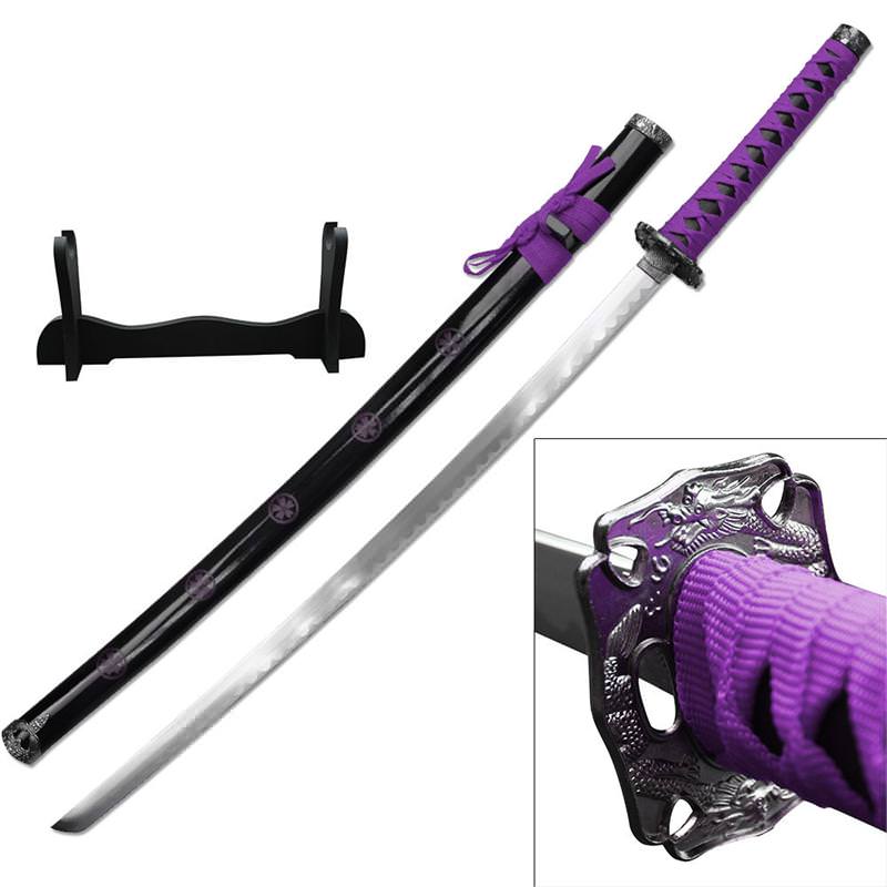 Dragon Sakura Samurai Sword With Stand Carbon Steel Blade Purple Collectible Weapons - Tophatter Daily Deals