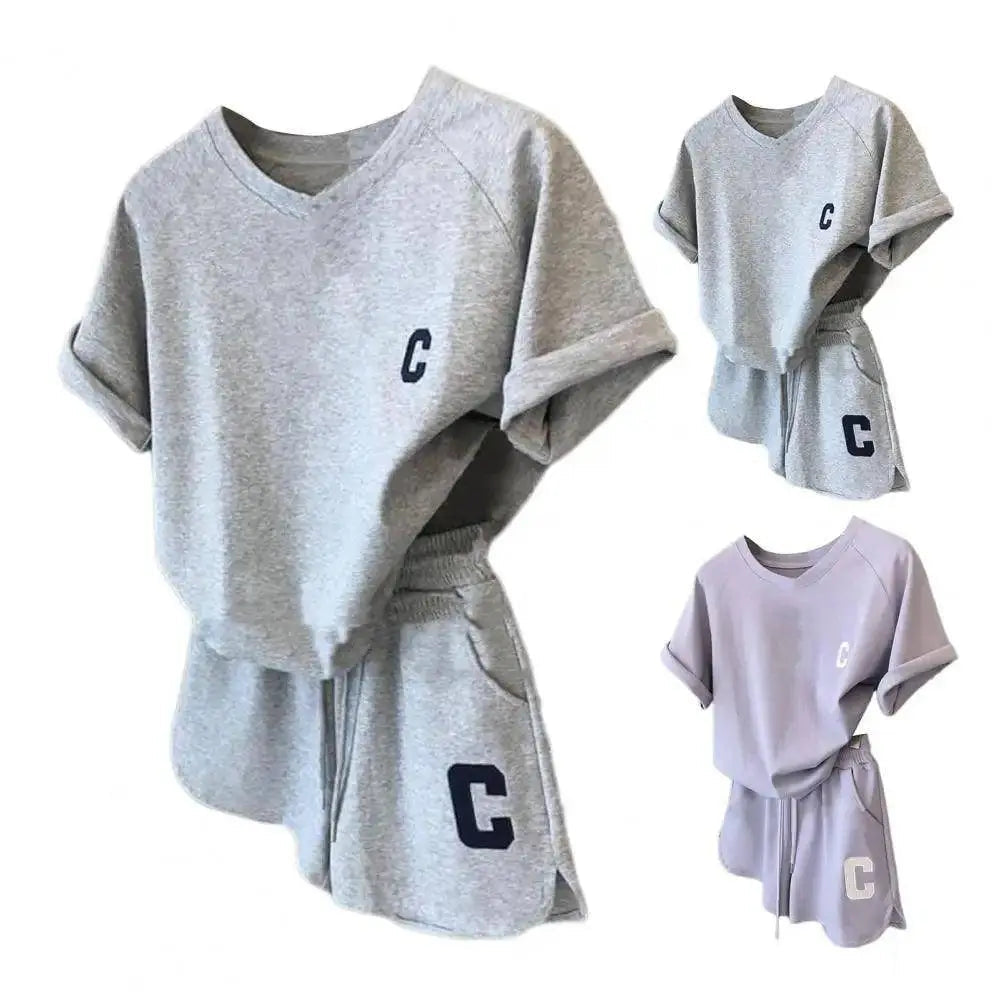 2Pcs Summer Women Tracksuit Soft Drawstring Elastic Waist Sport Clothes O Neck Letter Print T-shirt Lady Exercise Top Shorts Set - Tophatter Daily Deals