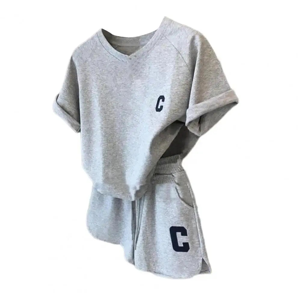 2Pcs Summer Women Tracksuit Soft Drawstring Elastic Waist Sport Clothes O Neck Letter Print T-shirt Lady Exercise Top Shorts Set Grey - Tophatter Daily Deals