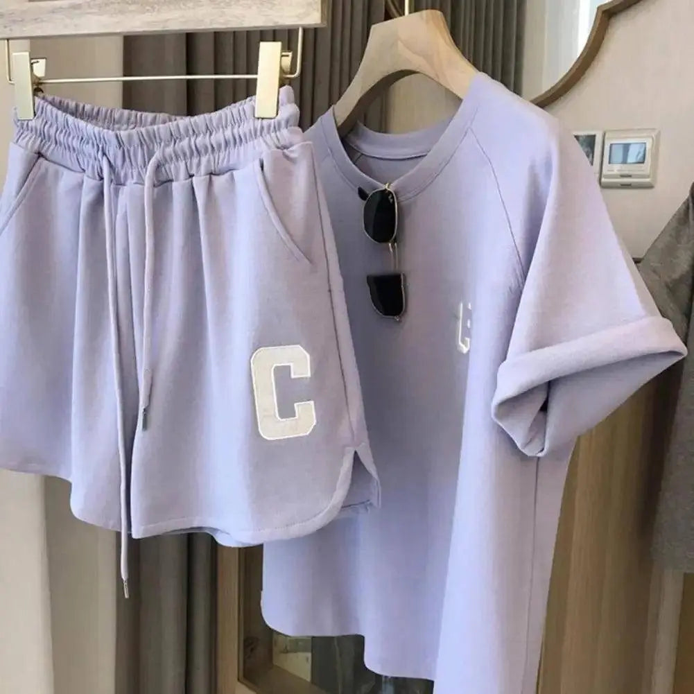 2Pcs Summer Women Tracksuit Soft Drawstring Elastic Waist Sport Clothes O Neck Letter Print T-shirt Lady Exercise Top Shorts Set - Tophatter Daily Deals