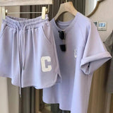 2Pcs Summer Women Tracksuit Soft Drawstring Elastic Waist Sport Clothes O Neck Letter Print T-shirt Lady Exercise Top Shorts Set - Tophatter Daily Deals