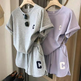 2Pcs Summer Women Tracksuit Soft Drawstring Elastic Waist Sport Clothes O Neck Letter Print T-shirt Lady Exercise Top Shorts Set - Tophatter Daily Deals