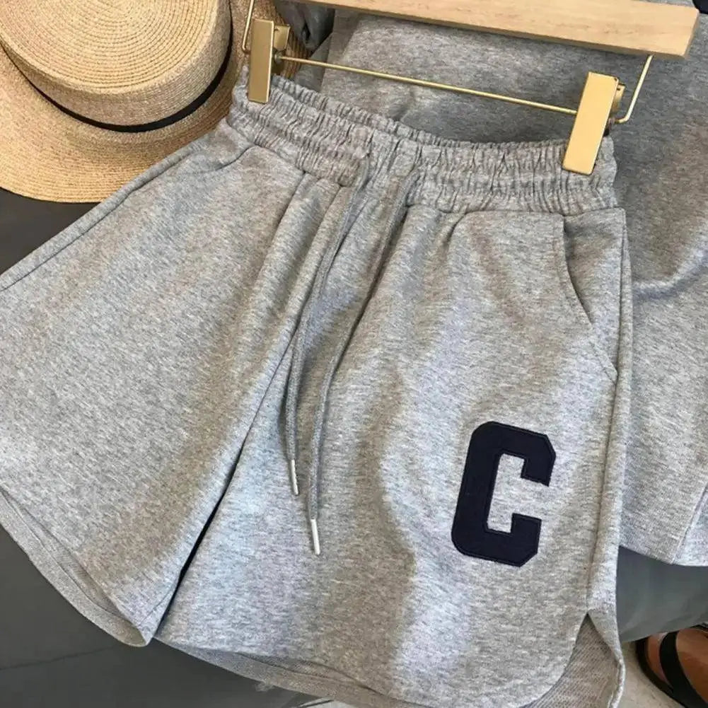 2Pcs Summer Women Tracksuit Soft Drawstring Elastic Waist Sport Clothes O Neck Letter Print T-shirt Lady Exercise Top Shorts Set - Tophatter Daily Deals