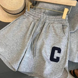 2Pcs Summer Women Tracksuit Soft Drawstring Elastic Waist Sport Clothes O Neck Letter Print T-shirt Lady Exercise Top Shorts Set - Tophatter Daily Deals