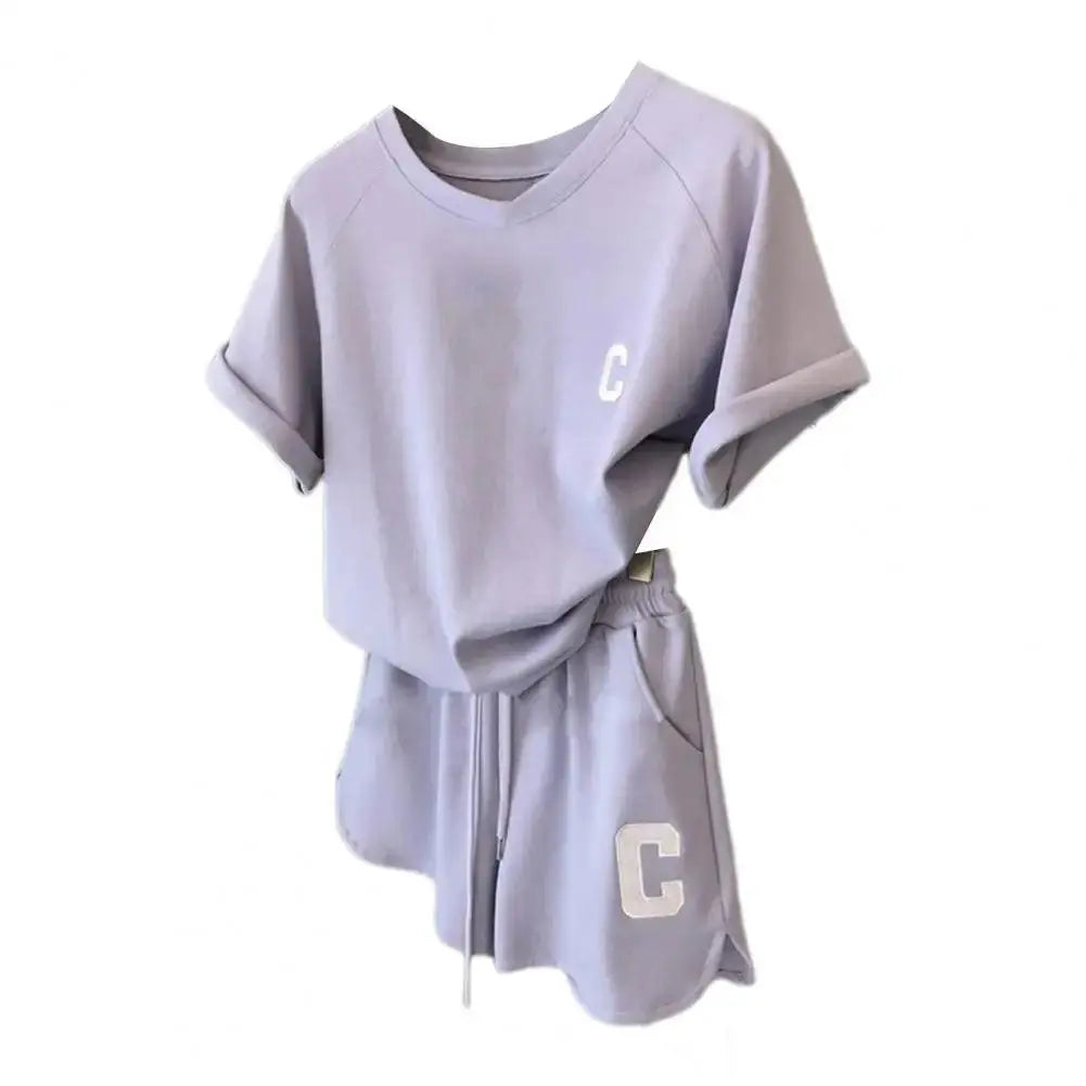 2Pcs Summer Women Tracksuit Soft Drawstring Elastic Waist Sport Clothes O Neck Letter Print T-shirt Lady Exercise Top Shorts Set Purple - Tophatter Daily Deals