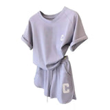 2Pcs Summer Women Tracksuit Soft Drawstring Elastic Waist Sport Clothes O Neck Letter Print T-shirt Lady Exercise Top Shorts Set Purple - Tophatter Daily Deals