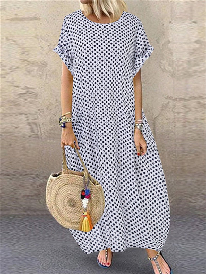 Summer Polka Dot Print Short Sleeve Plus Size Dress White Maxi Dresses - Tophatter Daily Deals