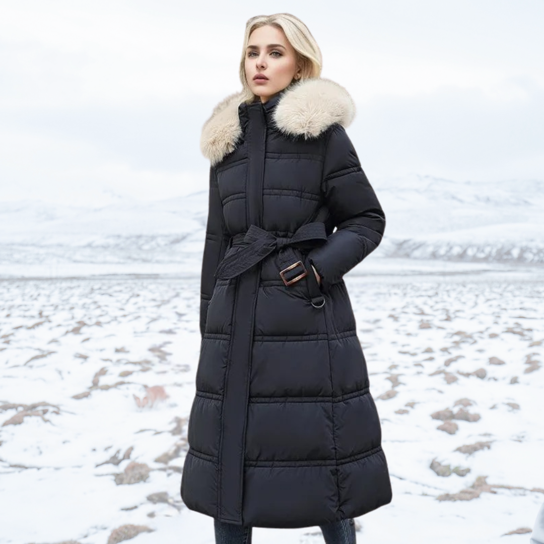Insulating Women’s Puffer Coat - Quilted, Fur Trimmed Black with beige collar - Tophatter Daily Deals