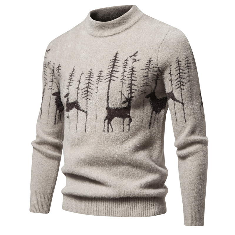 Warm Classic Men's Pullover - Crewneck Cotton Jacquard Beige - Tophatter Daily Deals