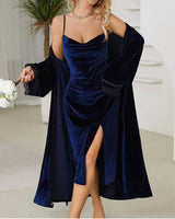Velvet Set Slit Dress + Long Robe Blue Dress+Robe (Save $15) Avidlove-Nightgown - Tophatter Daily Deals