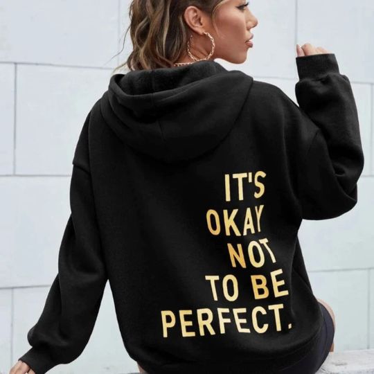 Oversized Women’s Hoodie - Relaxed Back Slogan Cotton Blend Black - Tophatter Daily Deals